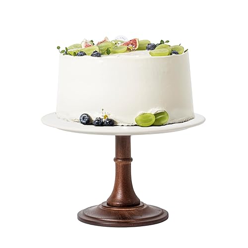 Kanwone 10-Inch Ceramic Cake Plate with Acacia Wood Base, Round