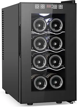 8 Bottles Wine Cooler Refrigerator, Small Wine Fridge, Mini Wine Fridge Countertop with Glass Door Wine Cellars for Red Wine, Champagne, Dry White Wine, Sparkling Wines