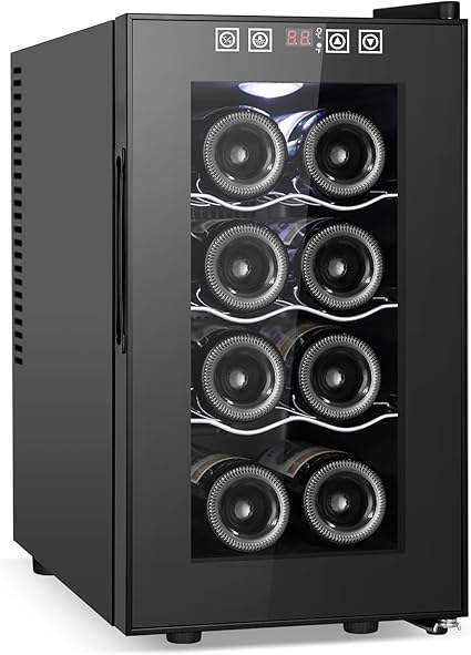 8 Bottles Wine Cooler Refrigerator, Small Wine Fridge, Mini Wine Fridge Countertop with Glass Door Wine Cellars for Red Wine, Champagne, Dry White Wine, Sparkling Wines