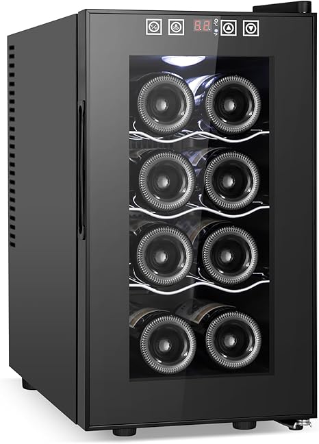 8 Bottles Wine Cooler Refrigerator, Small Wine Fridge, Mini Wine Fridge Countertop with Glass Door Wine Cellars for Red Wine, Champagne, Dry White Wine, Sparkling Wines