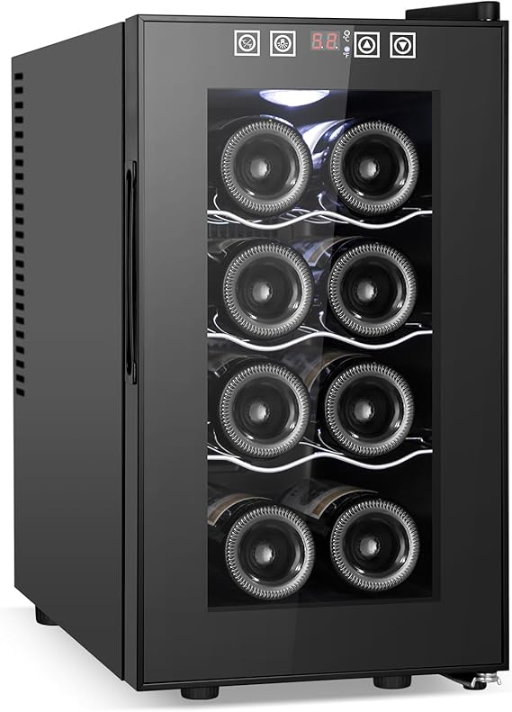 8 Bottles Wine Cooler Refrigerator, Small Wine Fridge, Mini Wine Fridge Countertop with Glass Door Wine Cellars for Red Wine, Champagne, Dry White Wine, Sparkling Wines