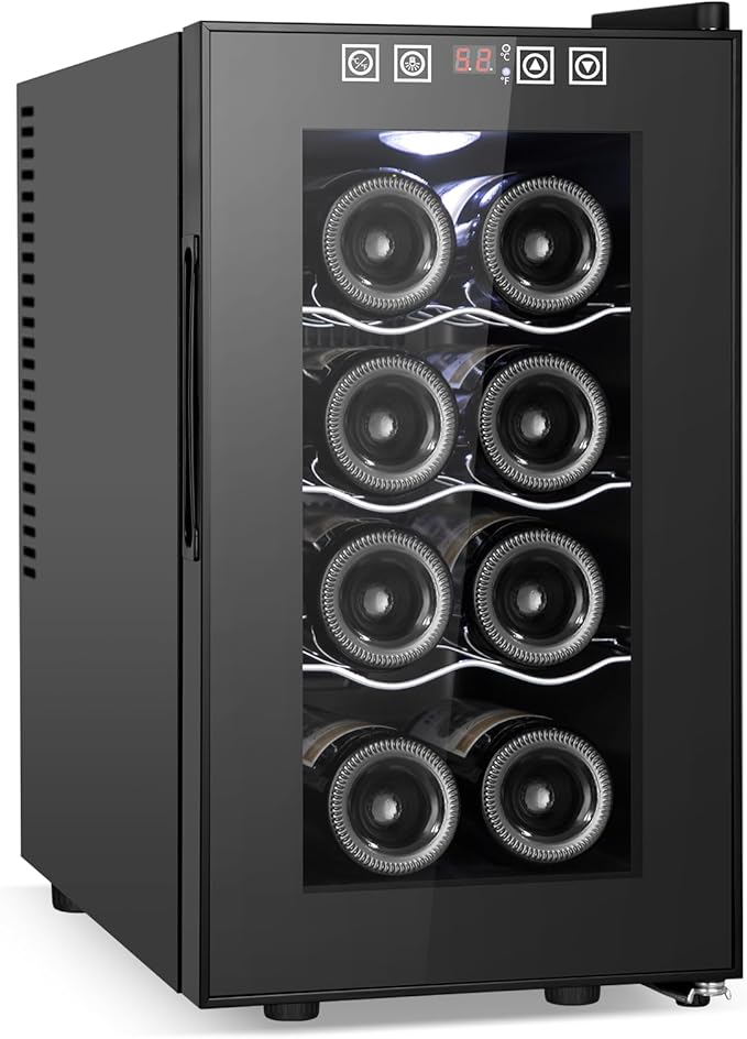 8 Bottles Wine Cooler Refrigerator, Small Wine Fridge, Mini Wine Fridge Countertop with Glass Door Wine Cellars for Red Wine, Champagne, Dry White Wine, Sparkling Wines