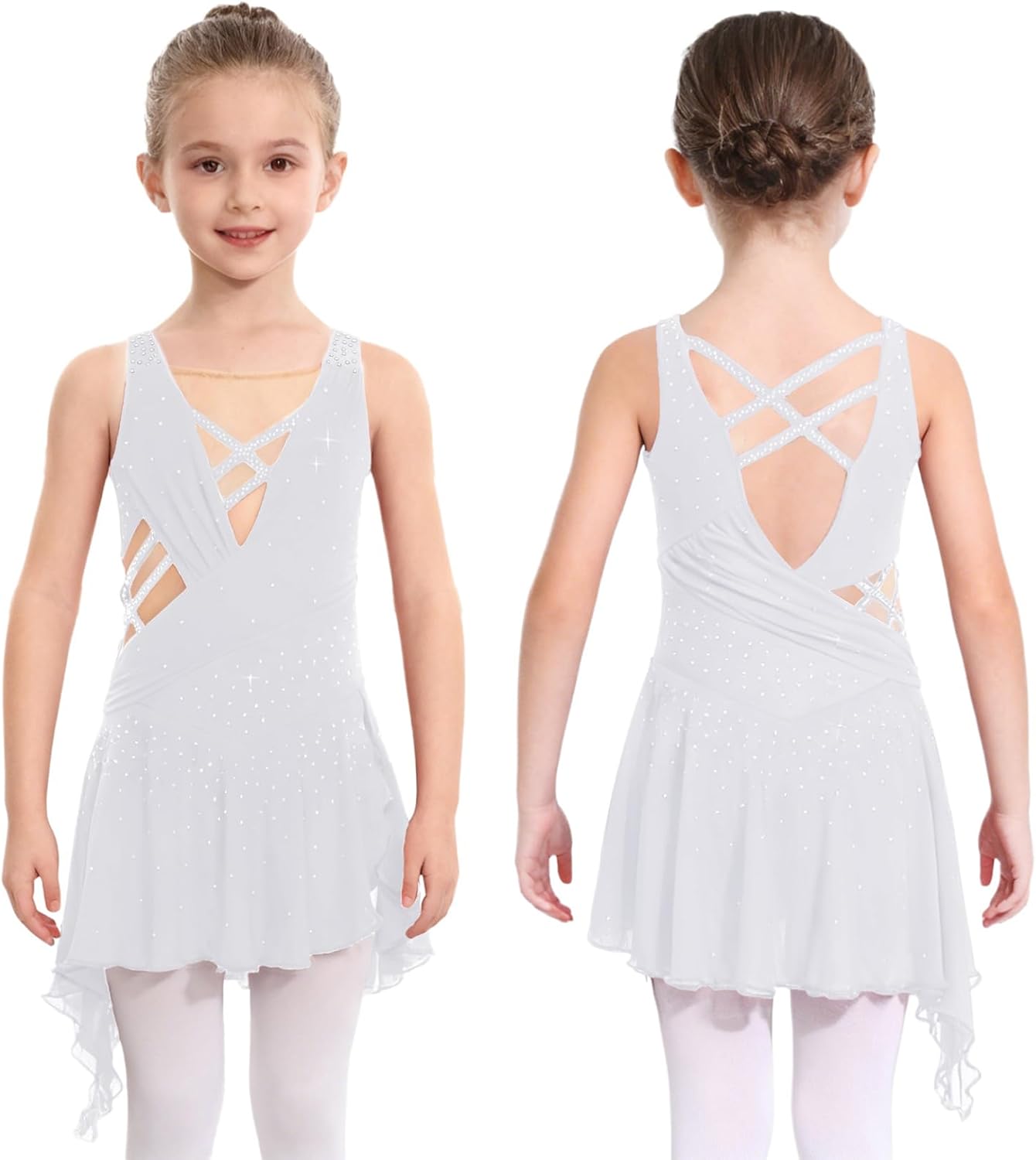 DINORMIN Lyrical Dance Dress for Girls Asymmetrical Ballet Leotard Dress Modern Performance Outfits Ballerina Costume