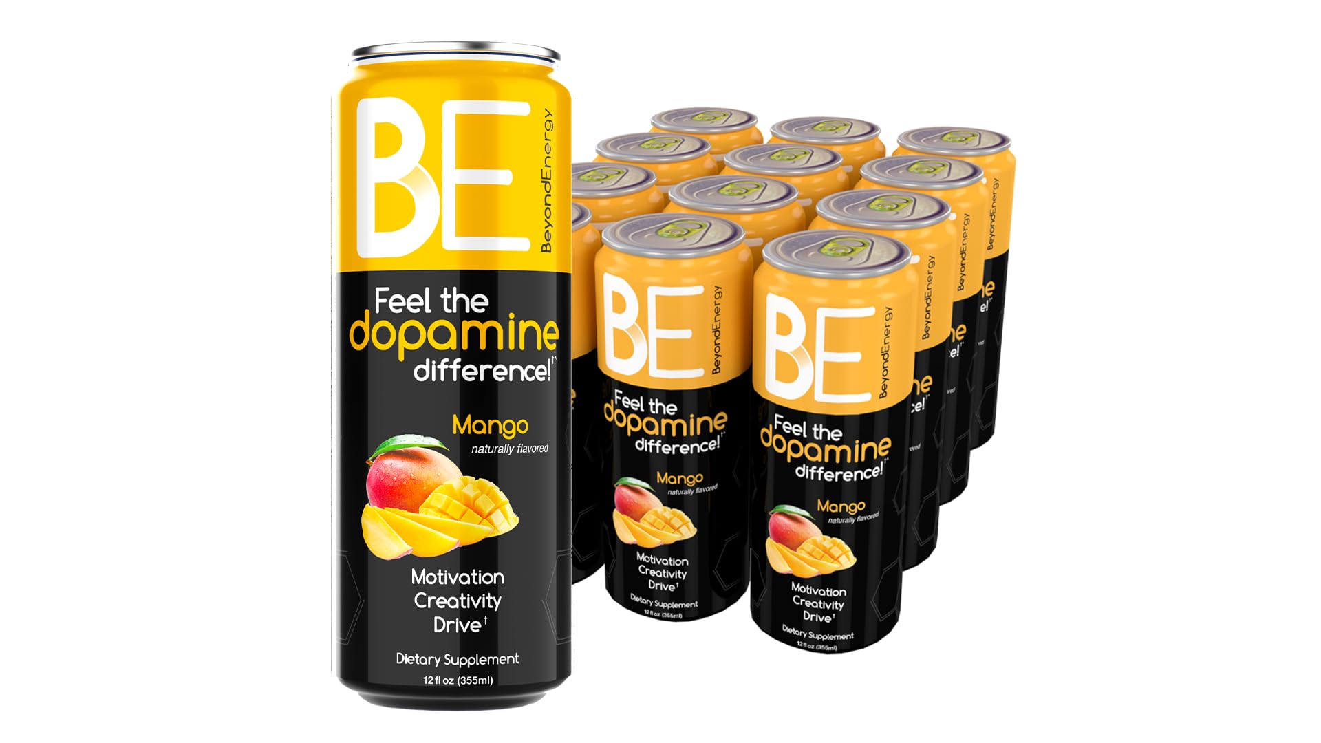12 Pack - Mango Herbal Energy Drink, Naturally Sourced L-Dopa with Mucuna Pruriens, Aminos, Antioxidants, 200mg Caffeine - (Mango)