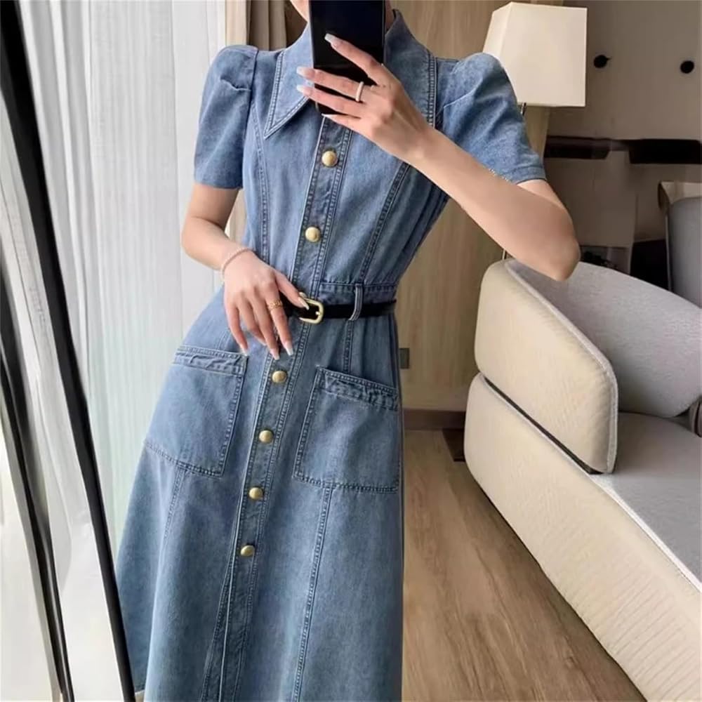 Women's Blue Vintage Denim Dress Spring Summer Fashion