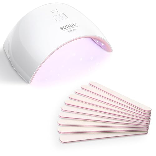 SUNUV Lámpara de uñas UV y 10 limas de uñas, luz LED UV de secado rápido para uñas con temporizadores ajustables y sensor inteligente, limas de uñas