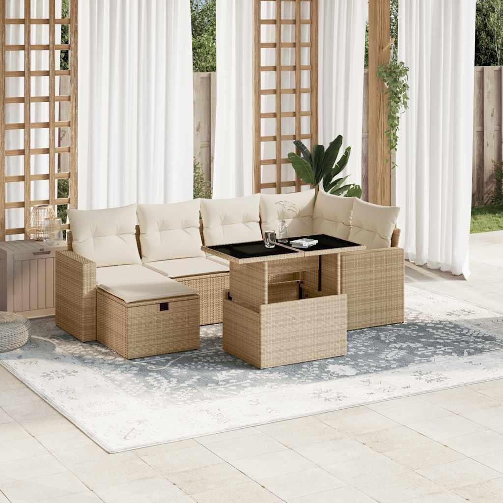 Set Divani da Giardino 7 pz con Cuscini Beige Rattan PE Polyrattan Resistente Allo Stress Atmosferico per Cortile Terrazza Patio Veranda Lounge Relax