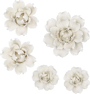 LIUCOGXI 5 Pcs Ceramic Flower Wall Decor Handcrafted 3D Hanging Porcelain Flowers Wall Art Ceramic Peony White Sculpture for Girls Room Hallway Farmhouse Home Decor