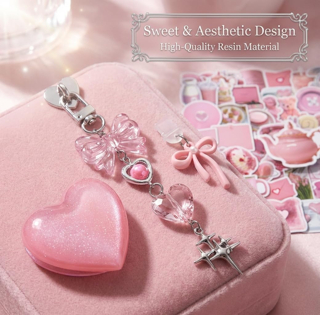 Cute Dust Plug Charm and Bling Keychain Accessories Set for Kindle | Pink Coquette Aesthetic Bow Wrist Strap, Heart Grip Holder and 50Pcs Stickers, Sweet DIY Decor Compatible with E-Reader Case