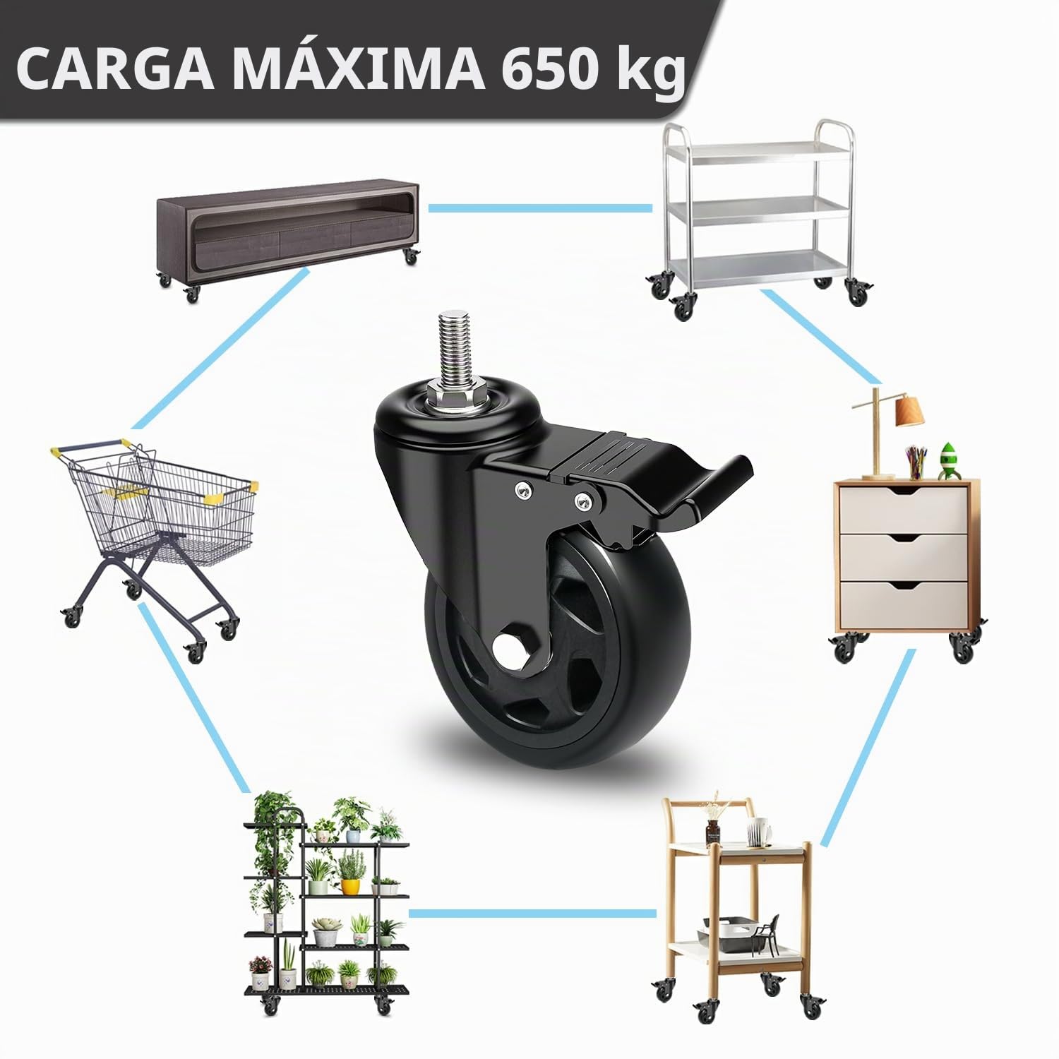 Ruedas para Muebles con Perno M12x1,75x30mm, 125MM Ruedas Giratorias con Freno, Ruedas Pivotantes 360 Grado que No Dejan Marcas, 4 Ruedas Transporte de Doble Rodamiento Capacidad 650KG