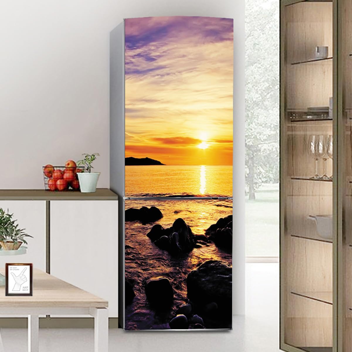 Targawerelax Fridge Wraps Kitchen Fridge Stickers Cover Full Doors, Fridge Sticker Full Covering Door Fridge Covers Decor, Freezer Skins Wall Stickers for Kitchen Decal, Sunset Seascape Reef