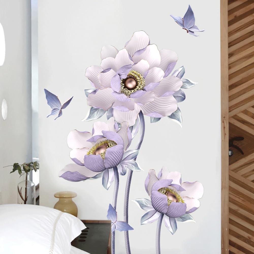 Runtoo 3D Flower Wall Art Stickers - Purple Lotus Floral Wall Decals for Living Room, Bedroom, TV Background Decor