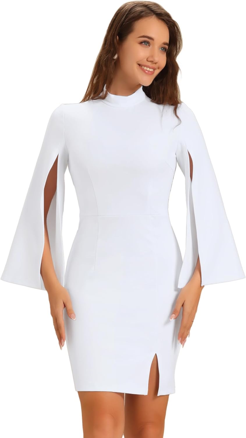 Allegra K Business Pencil Dress for Women's Split Sleeve Mock Neck Mini Bodycon Cocktail Cape Dress