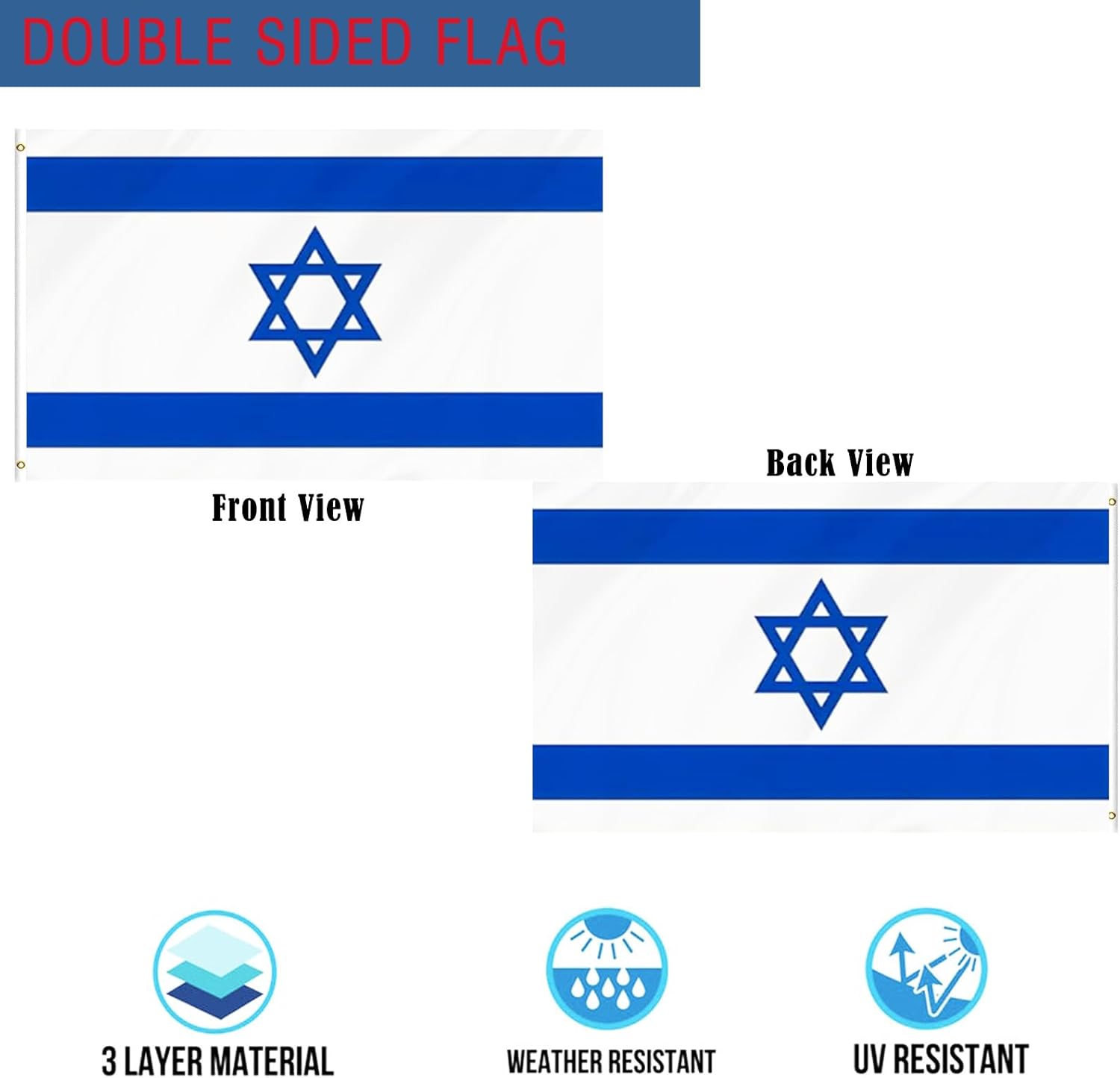 Israel Jewish Flag 3x5 Outdoor Double Sided- Heavy Duty 3ply Israeli National Country Flags Super Durable Flags 4 Rows Stitched Edge Canvas Header with 2 Brass Grommets