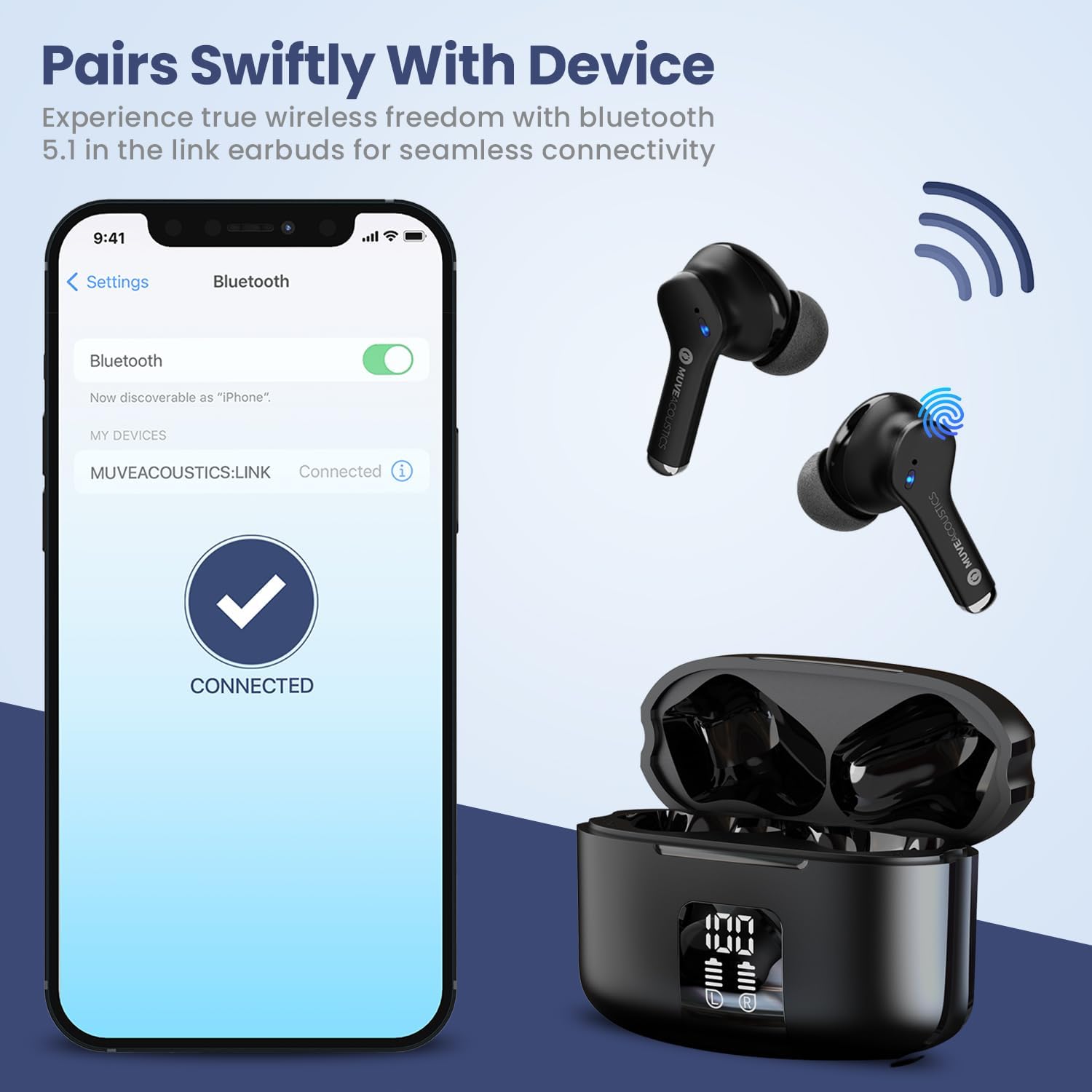 MuveAcoustics Link Earbuds charging case with a digital display showing battery percentage.