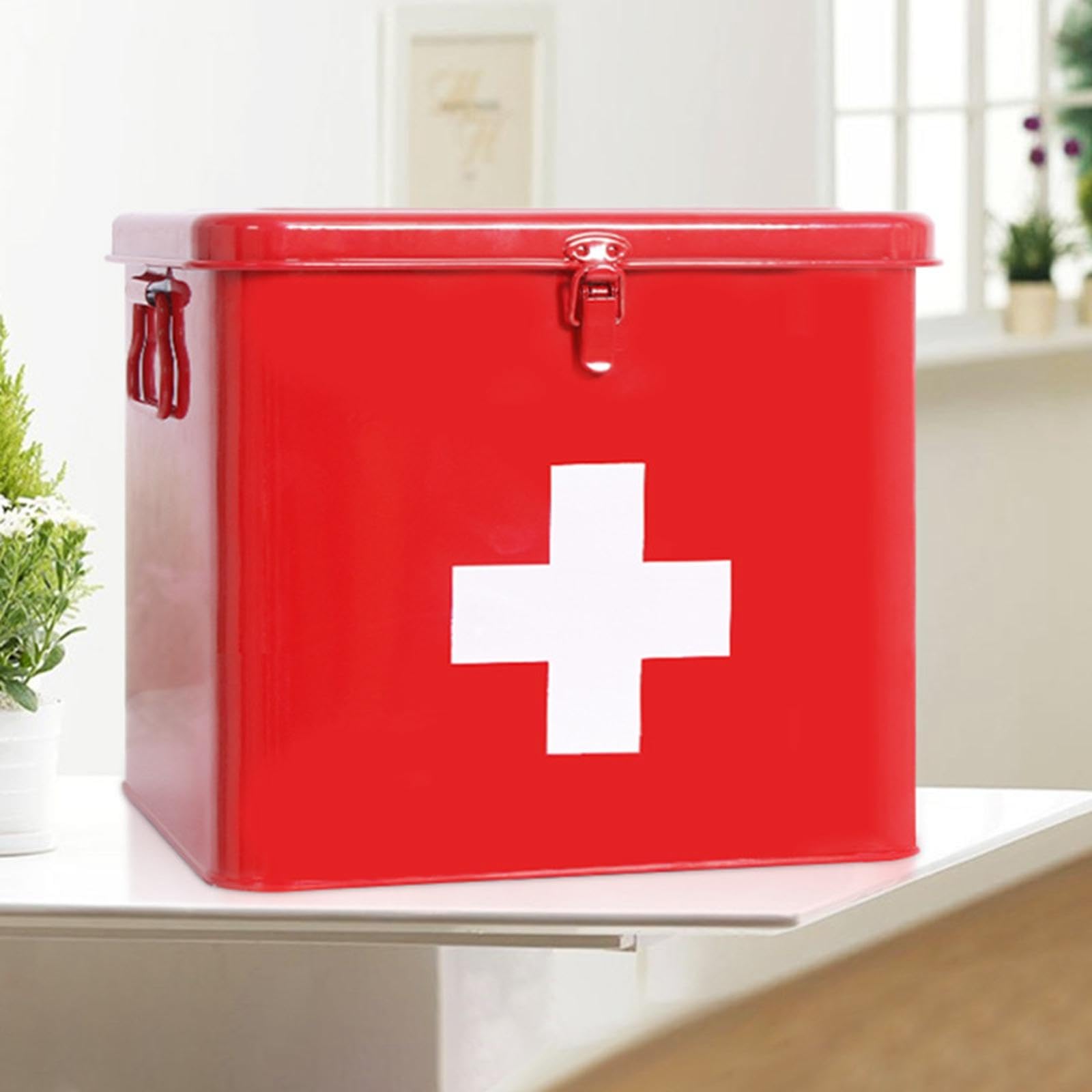 Erste Hilfe Aufbewahrungsbox Notfallkasten Metall Hausapotheke mit Herausnehmbarem Tablett Praktischem Tragegriff Und Sicherem Verschluss für Familie, Rot