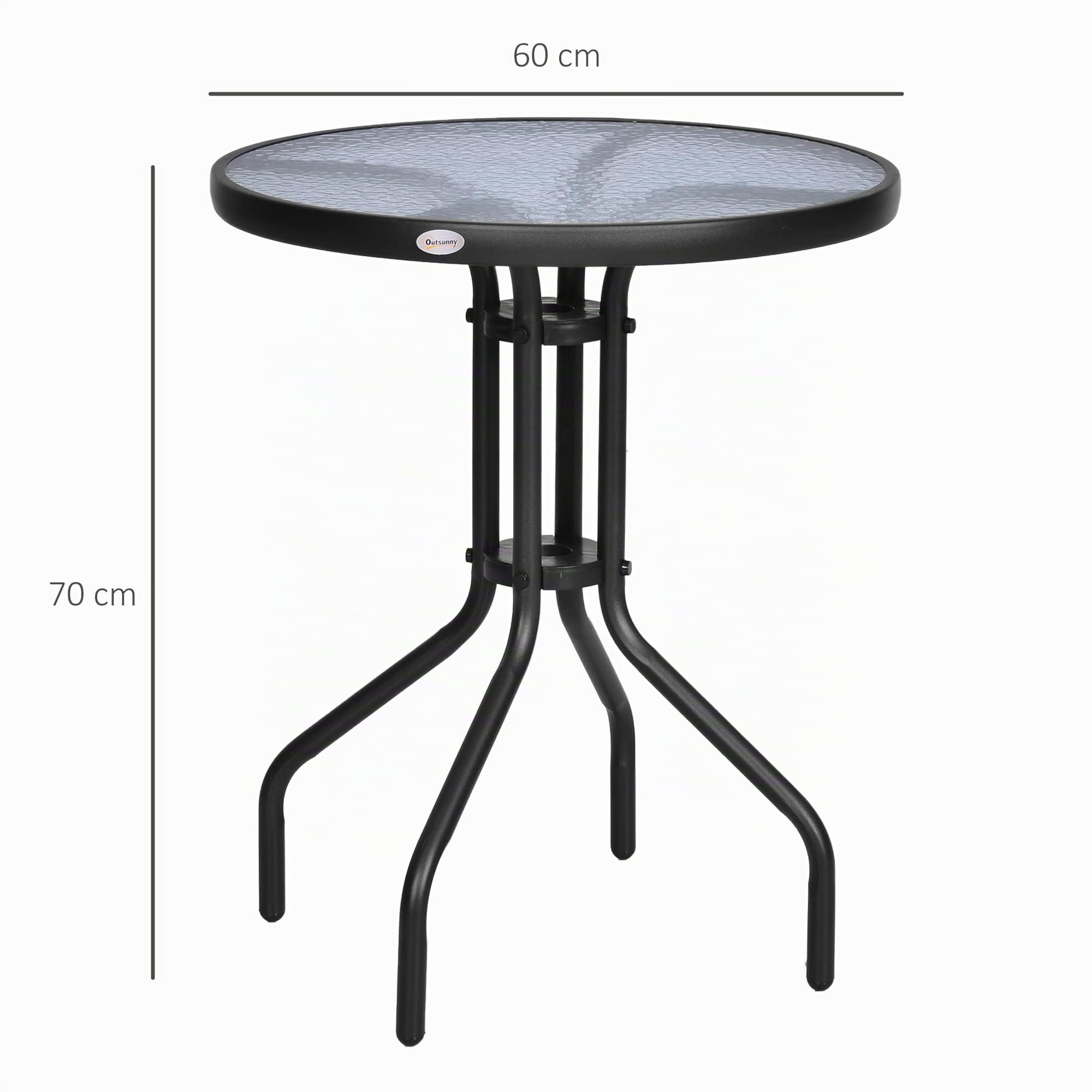 Outsunny Gartentisch Balkontisch Bistrotisch Glastisch Beistelltisch Metall+Sicherheitsglas ∅60xH70cm