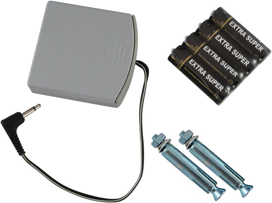 HMF FS-20A Safe Accessories: External battery box, 4 AA batteries, and 2 mounting bolts.