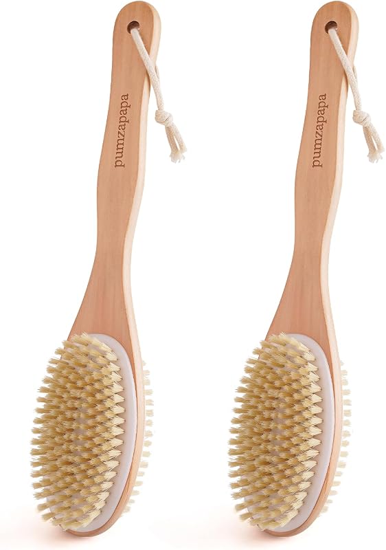 Escova corporal dupla face com cabo longo de madeira pumzapapa, conjunto com 2