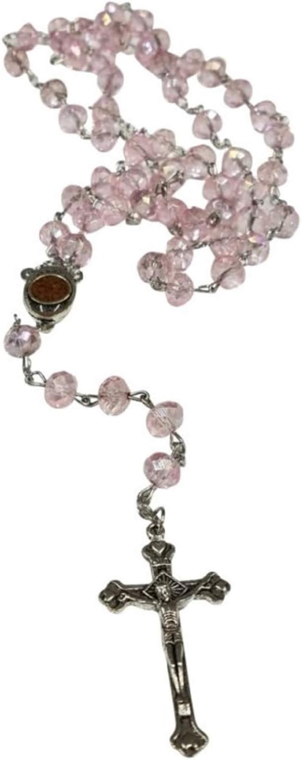 Glass Crystal Beads Rosary with Holy Soil Silver Crucifix (Pink, Red, Green, Purple, Light Blue, Dark Blue, Black, Clear, Blue) (Pink)