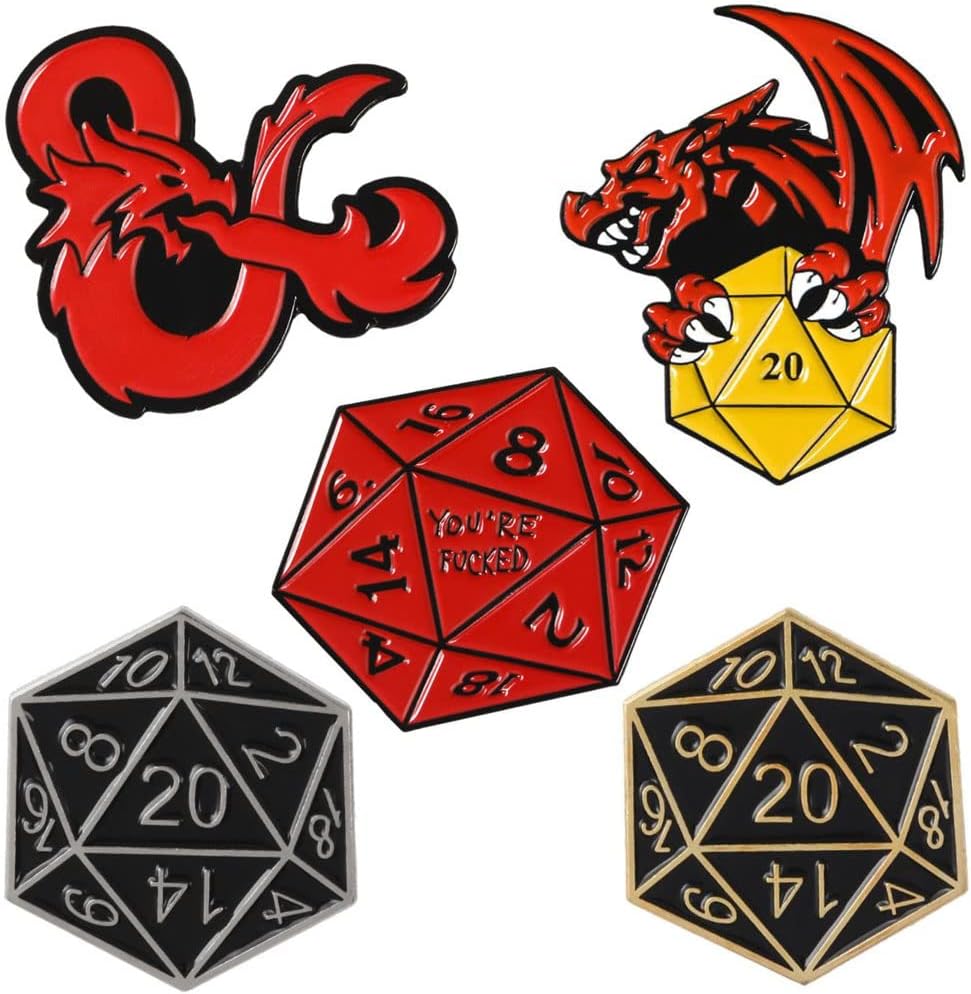 5PCS Multicolor Cartoon Fantasy Enamel Pin Brooch - D20 DnD Game Gift