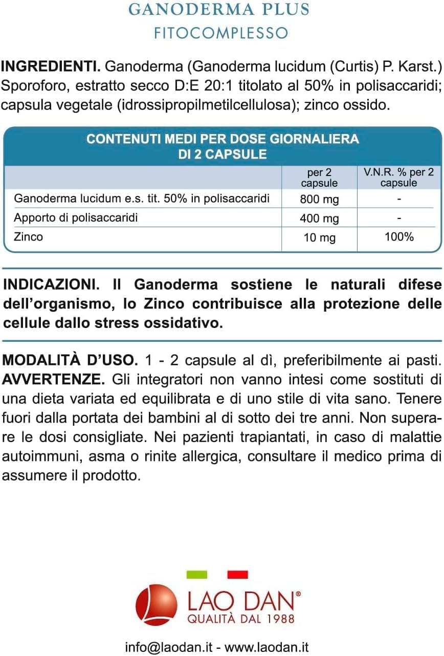 Nuovo GANODERMA PLUS - REISHI da Fitoricerca Lao Dan® Nuova formula 60 Cps 100% Naturale Zero Additivi +33% di Estratto Premium Quality 400mg Massima titolazione 50% polisaccaridi Made in Italy