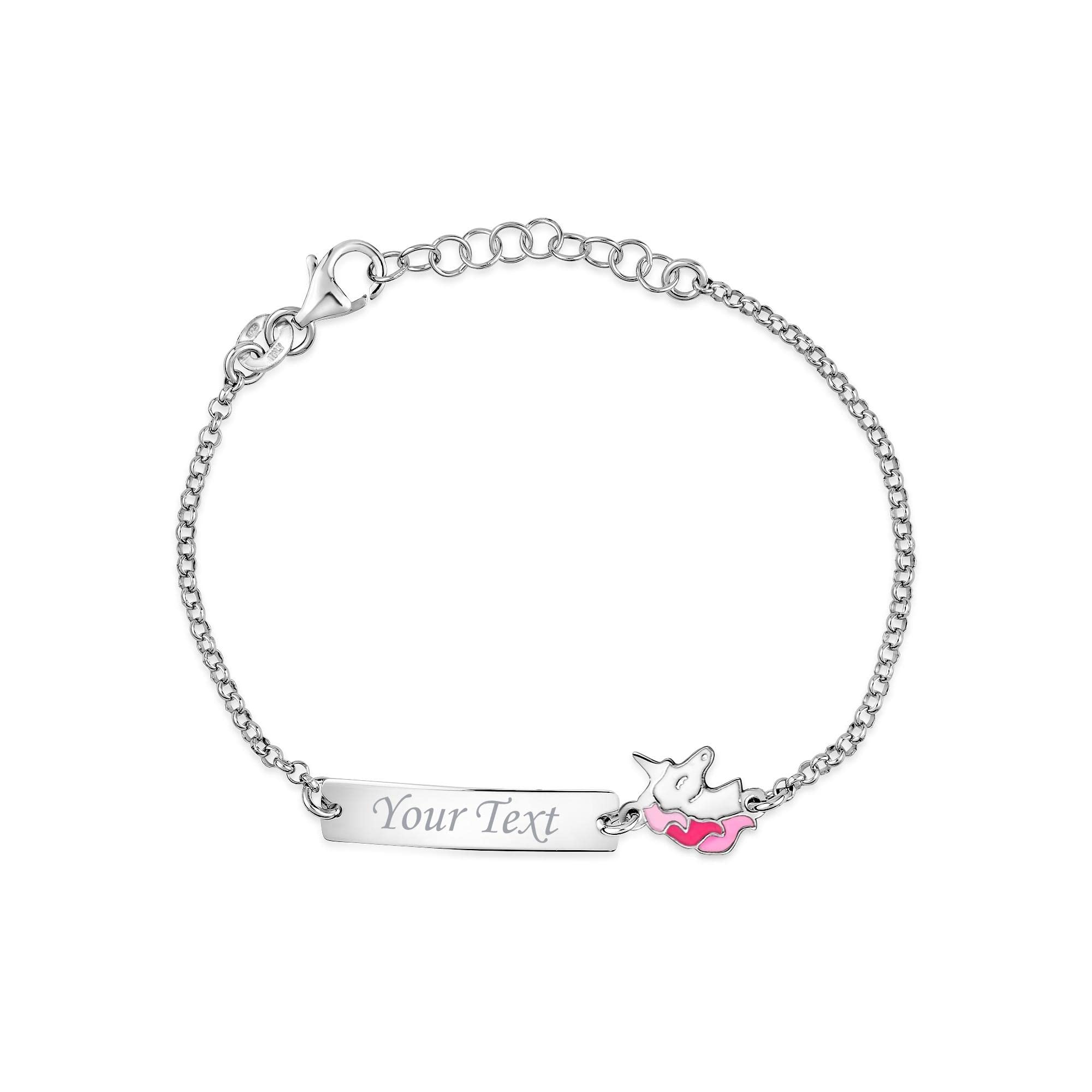 UNICORNJ Sterling Silver 925 Engravable ID Bracelet Rolo Chain for Girls Heart with Pink Enamel 6.5"
