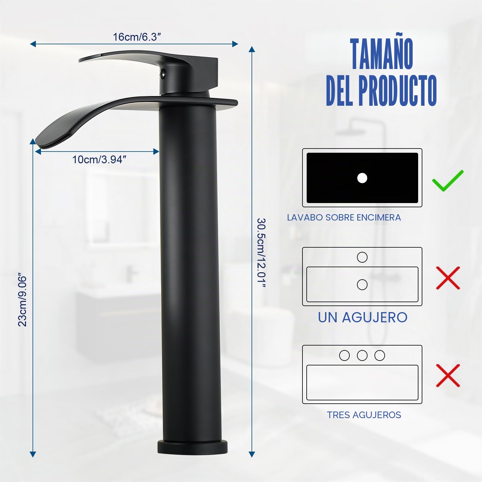Grifo de lavabo de baño en cascada, grifo de baño alto negro, manija única, con desagüe de metal y tubo de alimentación de agua, orificio único, adecuado para barcos.
