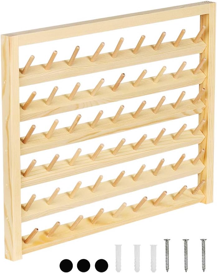 HAITRAL 54-Spool Sewing Thread Holder, Wall-Mounted Sewing Thread Rack with Hanging Hook, Wooden Embroidery Organizer for Sewing, Quilting, Hair Braiding