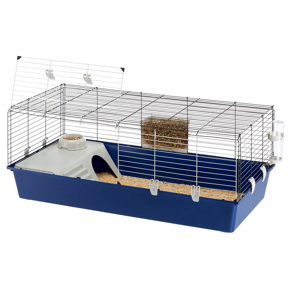 Ferplast Jaula Conejos Rabbit 120 - Gran Espacio con Casita, Lado Frontal Abatible, Clips de Seguridad - Fácil Limpieza, Accesorios Incluidos - 118 x 58,​5 x h 49,​5 cm