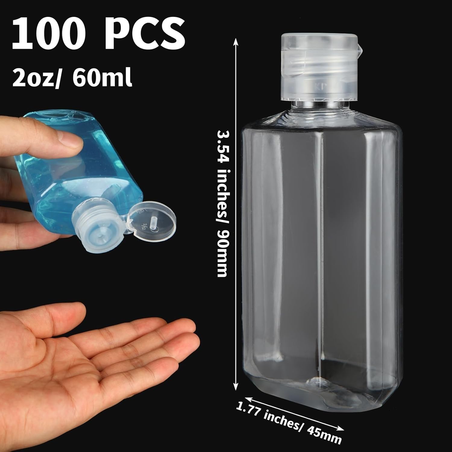 100PCS Mini Size Travel Bottles 2oz Travel Shampoo Plastic Empty Bottles, Refillable Cosmetic Containers with Flip Cap Clear Portable Small Bottles for Liquid, Lotions, Cream, Toner, Body Soap
