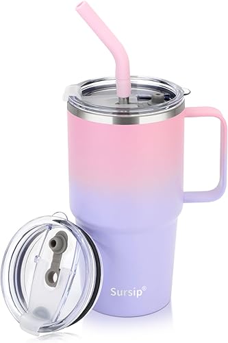 Sursip - Taza aislada de 24 oz con asa, vaso de viaje de acero inoxidable de doble pared con pajita y 2 tapas, para bebidas fríascalientes, taza de