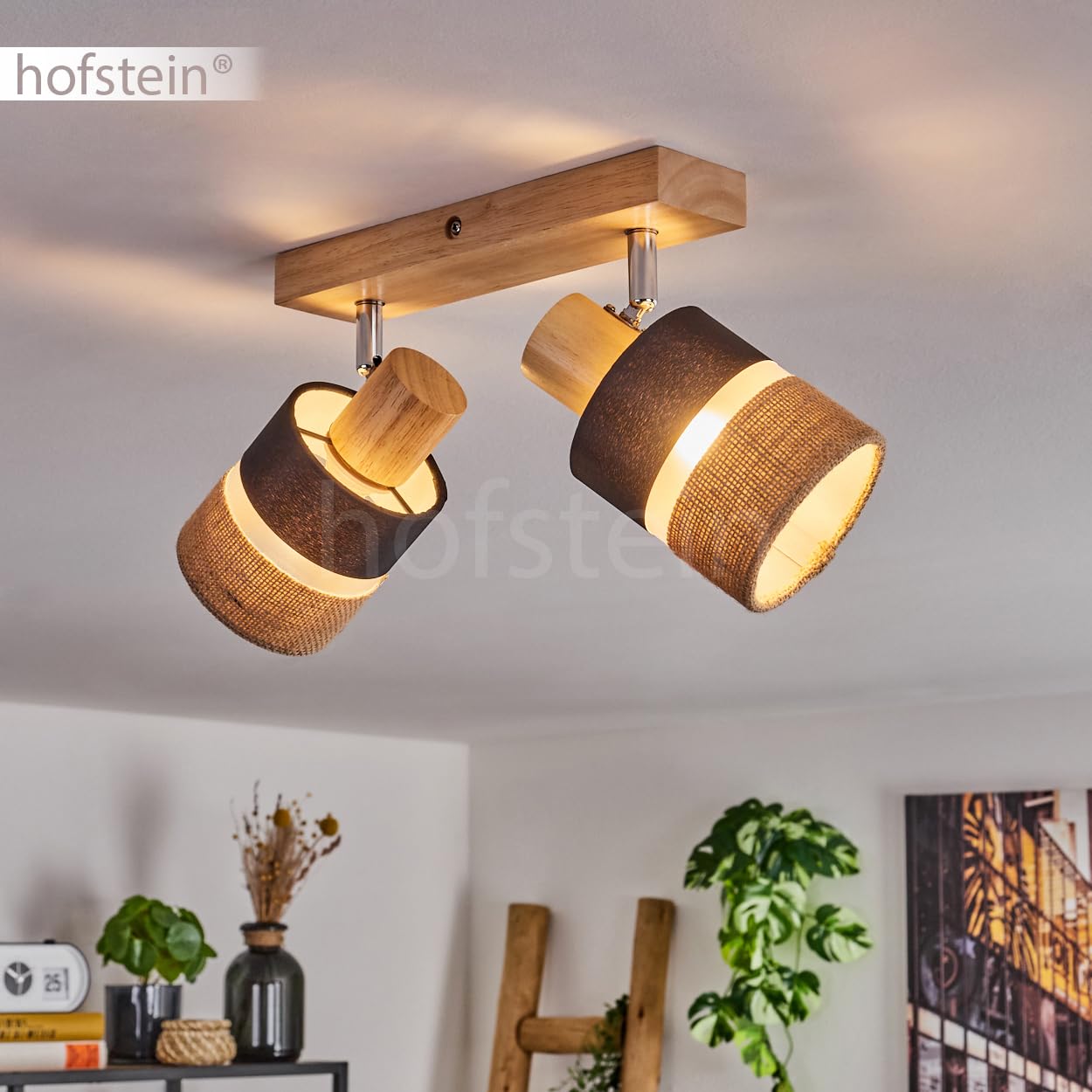 Plafoniera Fallhagen, lampada da soffitto moderna in legno/metallo/lino nei colori naturale/cromo/nero, lampada a 2 luci dal design scandinavo con faretti regolabili, 2 x E14, senza lampadine