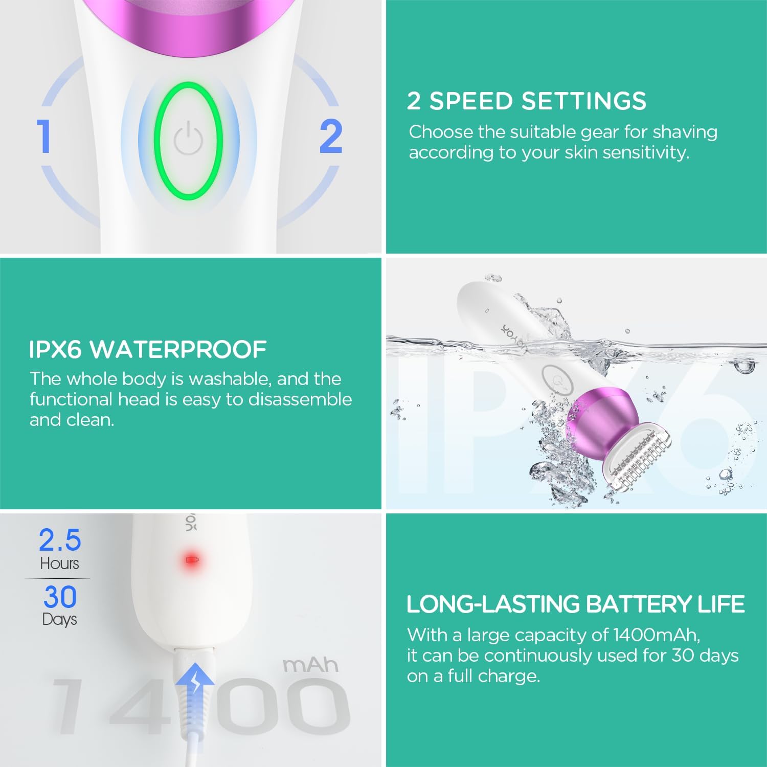 VOYOR Electric Body Brush Back Scrubber for Shower - Electric Razors for Women 4 in 1 Bikini Trimmer, Foil Shaver for Women Beauty Products Set