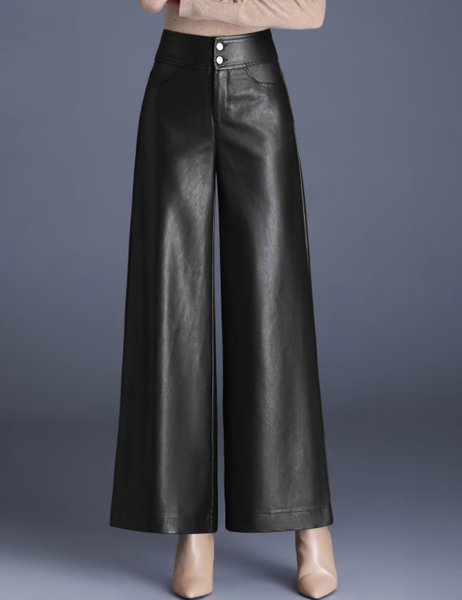 Pantalones de Cuero Mujer Pierna Ancha Cintura Alta Pantalón Elegante Mujer Moda