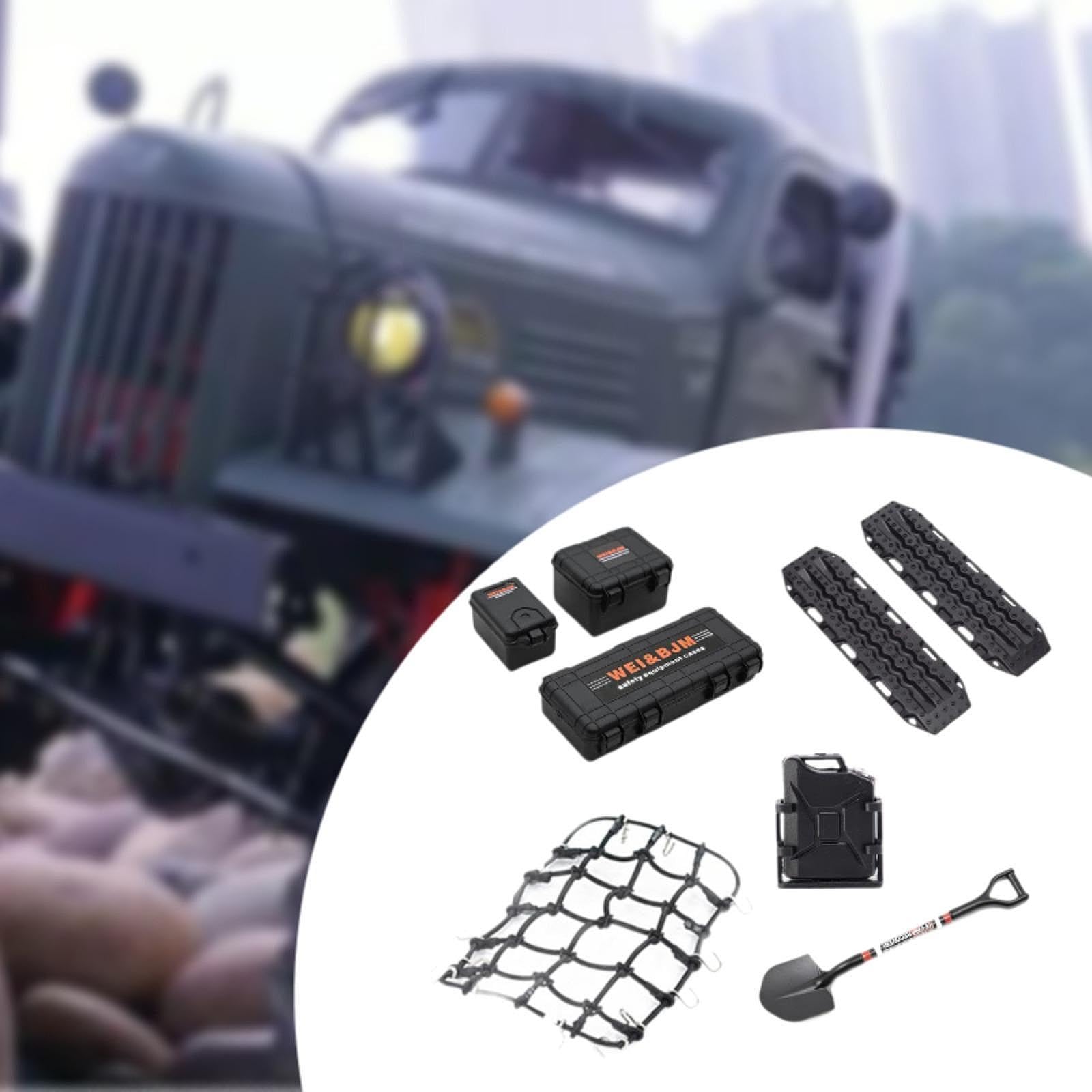 8 Piezas Accesorios para Coche RC Crawler 1 10 con Maletas Tanque de Combustible Red de Equipaje Placas Protectores Pala Simulación Detallada Y, Negro