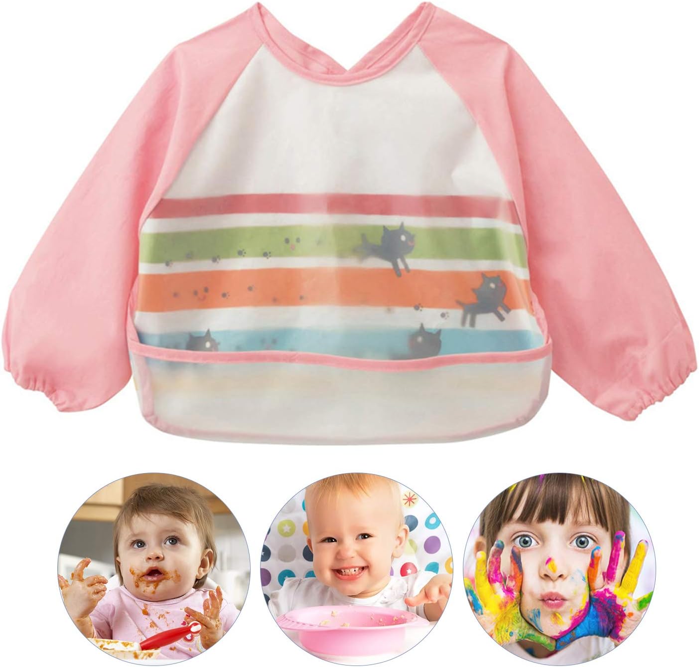 Long Sleeved Bib Water Resistance Bibs for Babies and Toddlers with Pocket Wipeable-Eat and Play Smock Apron for Boys and Girls