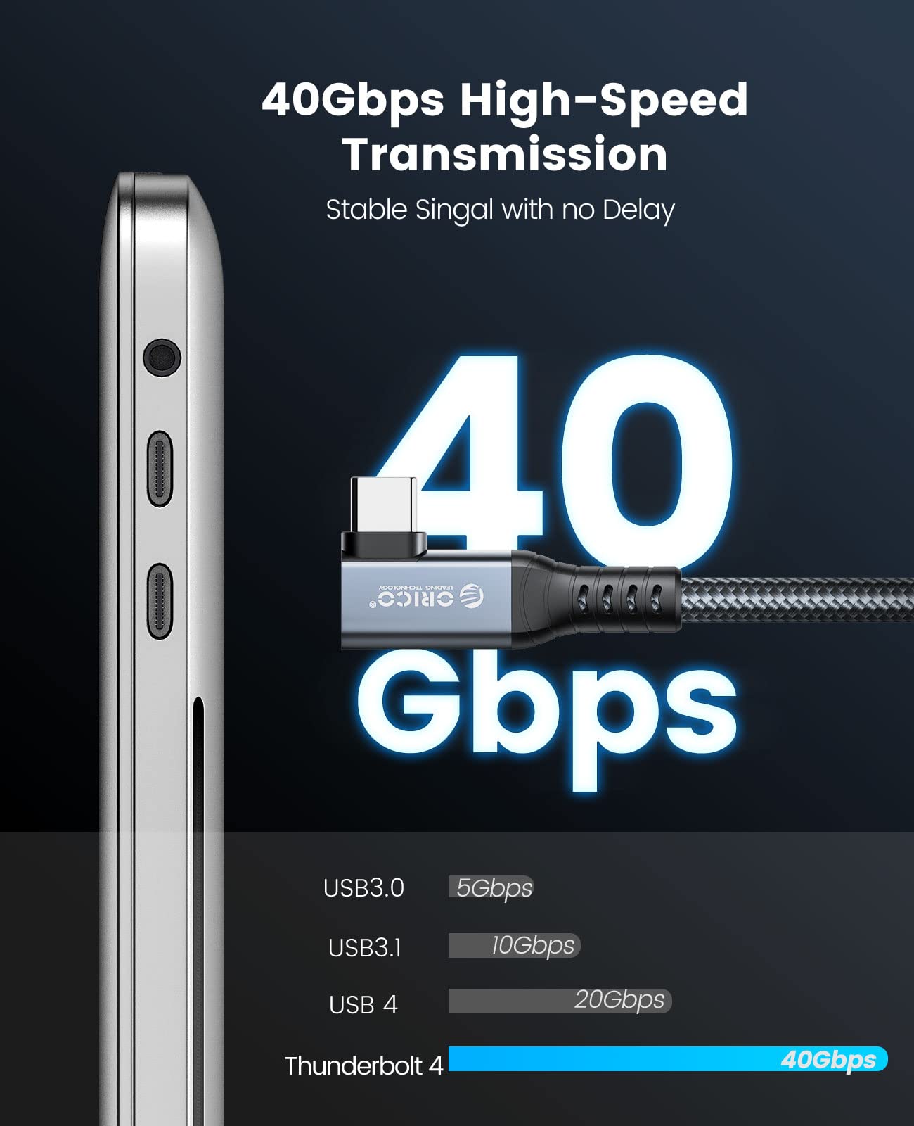 ORICO Cable para Thunderbolt 4, Compatible con Thunderbolt 3/USB4, Tasa de Transferencia 40Gbps, 8K@60Hz (Dos Pantallas 4k@60Hz) con PD 100W (20V/5A) para PC, eGUP y Portátil (Ángulo Recto,0.8M)
