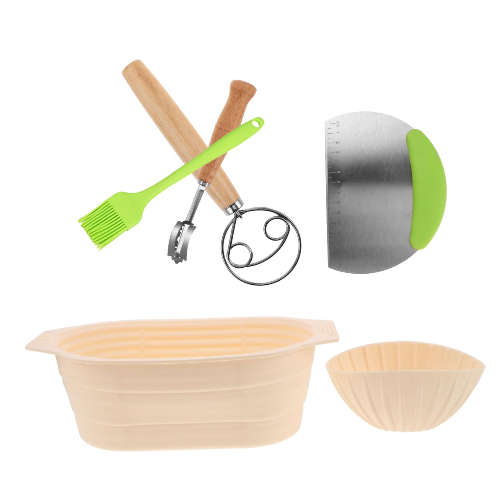 Cesta de Fermentación de Pan Redonda de Silicona 1 Juego | Cortador, Batidor, Plato y Brocha Diseño Plegable Acero Inoxidable Gran Capacidad , 6 Piezas