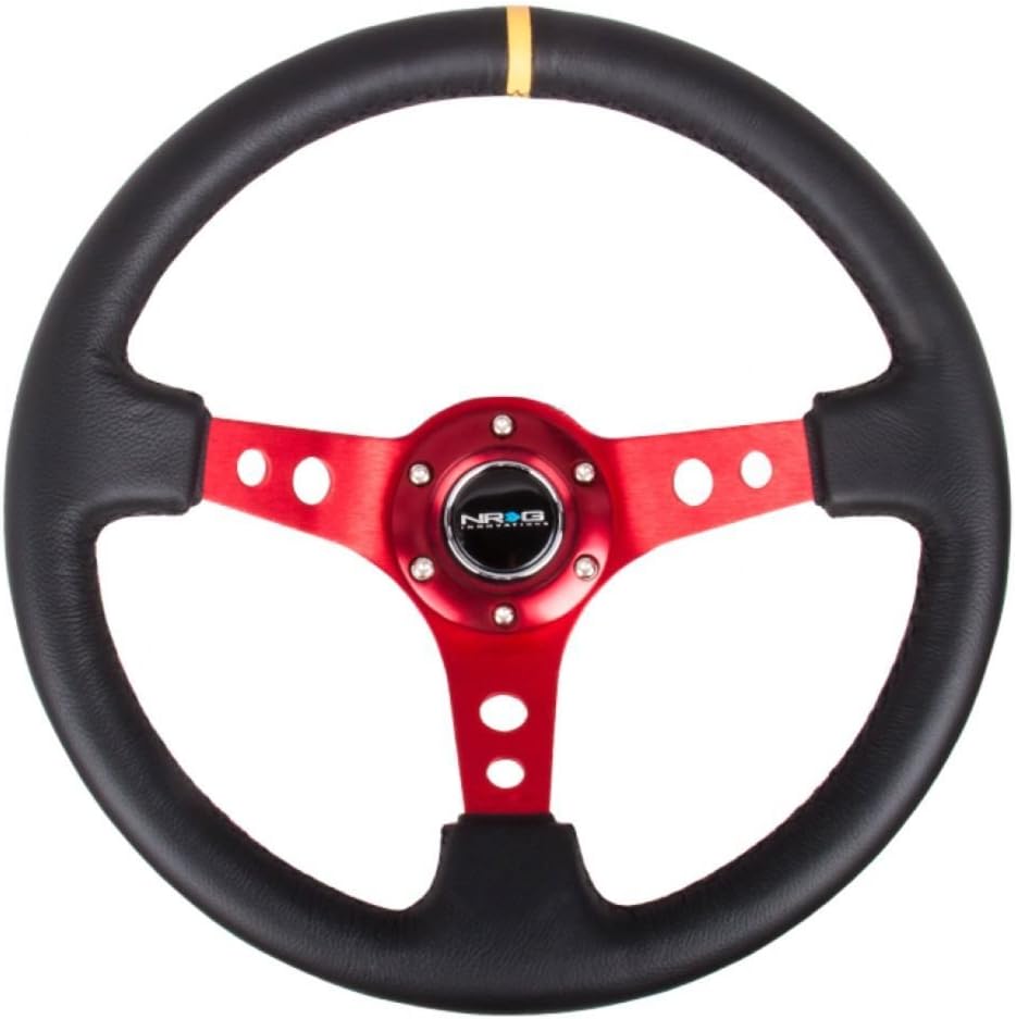 NRG Innovations NRG-RST-006BK-Y Reinforced Steering Wheel 350mm Sport Steering Wheel (3" Deep) Black Spoke With Round Holes/Black Leather/Yellow Stripes