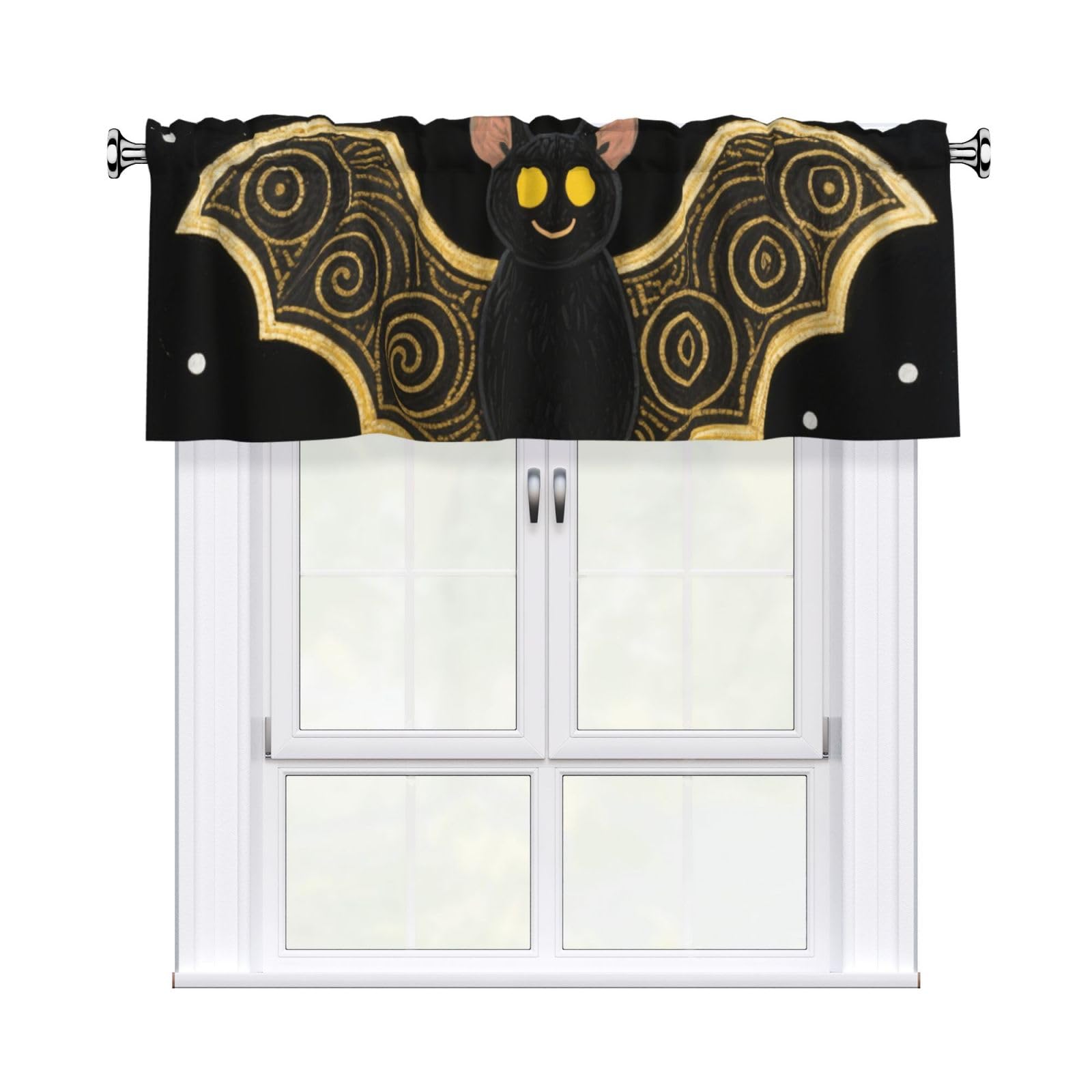 FekiLoot Black Gloden Bat Curtain Valance for Windows, Kitchen Window Valances Rod Pocket Window Treatments Short Curtains Drapes for Bathroom Bedroom Cafe Decor 54x18inch 1 Panel