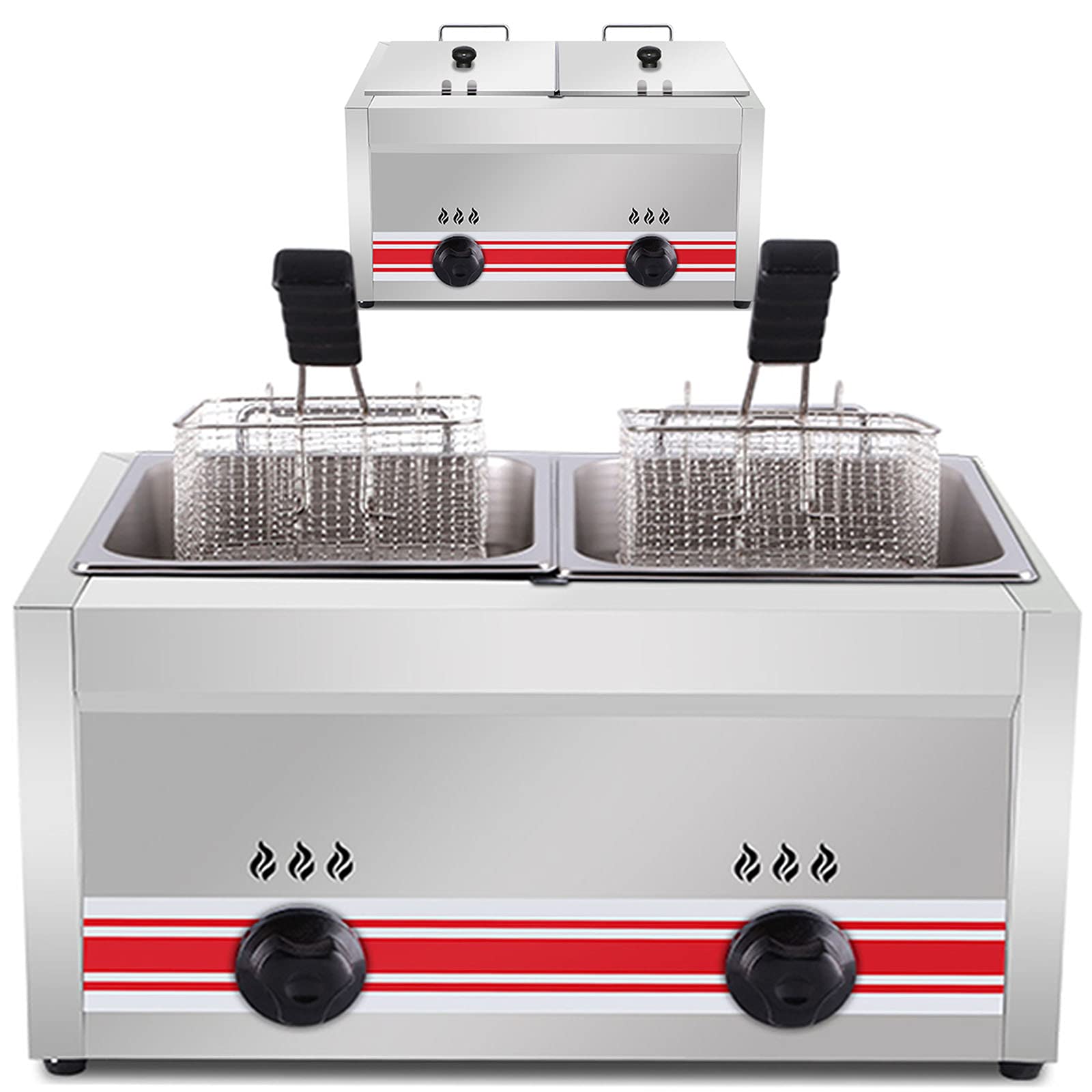 Friggitrice a Gas di Grande capacità con cestelli e Coperchio Rimovibili 20L/30L Controllo della Temperatura da Terra Potenza di Fuoco Regolabile Acciaio Inossidabile