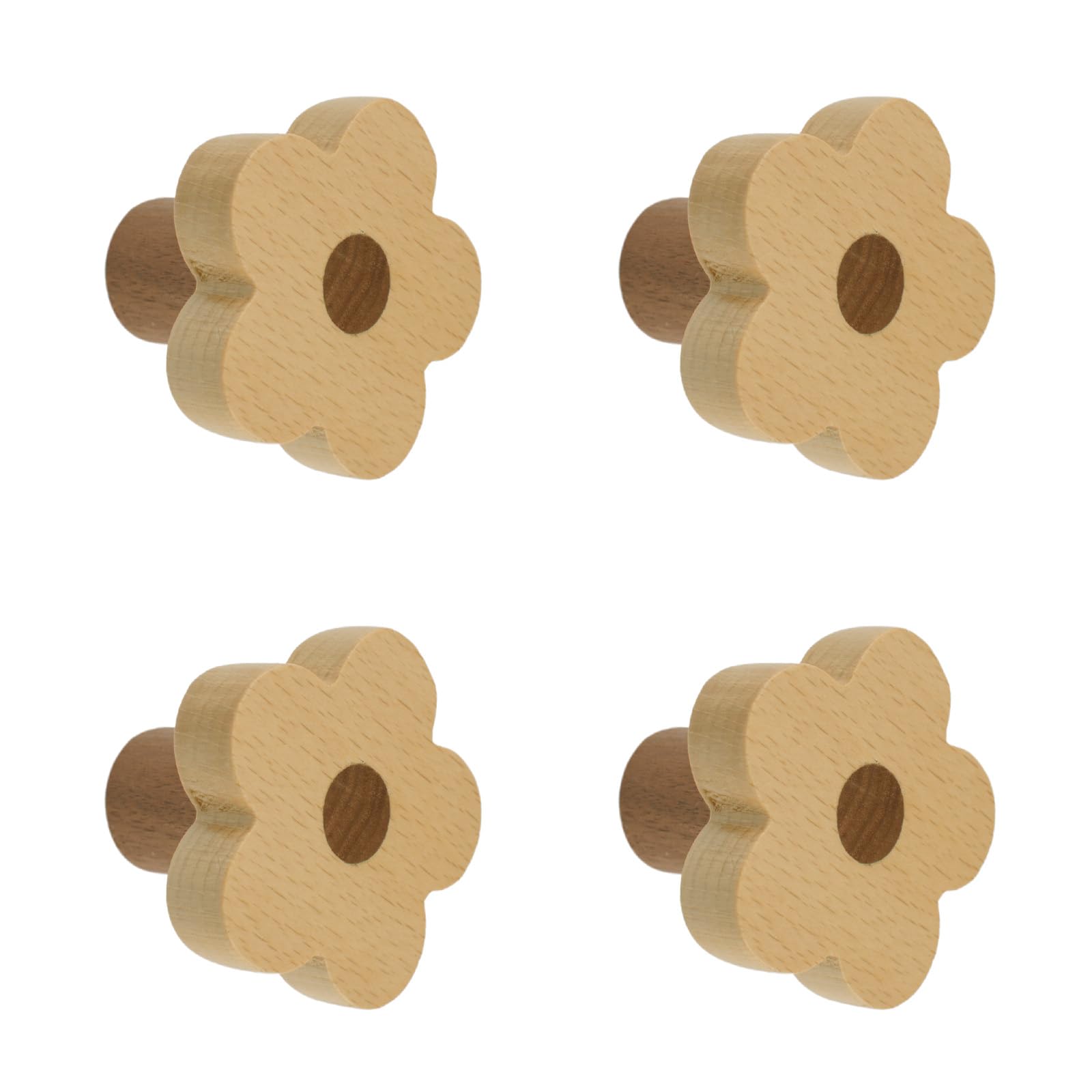 MOROBOR Flower Shaped Wooden Knobs, 4pcs Unfinished Natural Handmade Wood Knob Single Hole Handles for Drawer Wardrobe Cabinet Dresser with Screws& Expansion Tube — image 1