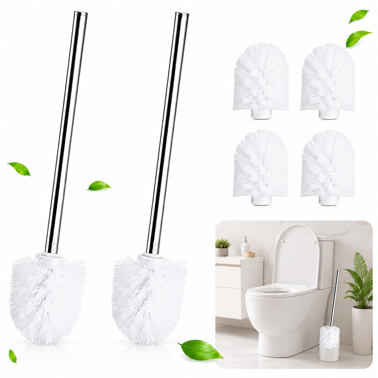 6 PCS Toilet Brush Replacement Heads with 2 Stainless Steel Handles