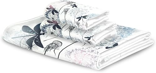 Miniatura 8 de Juego de toallas de baño de libélula para baño, juego de toallas absorbentes de diente de león floral libélula decorativas para hombres y mujeres,