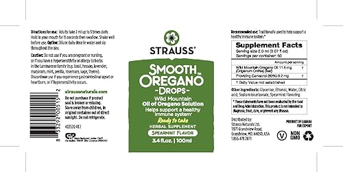 Miniatura 8 de Strauss Naturals Gotas de orégano suaves  Aceite de orégano con sabor a menta natural dulce, sin transgénicos, sin gluten, suplemento sin soja y
