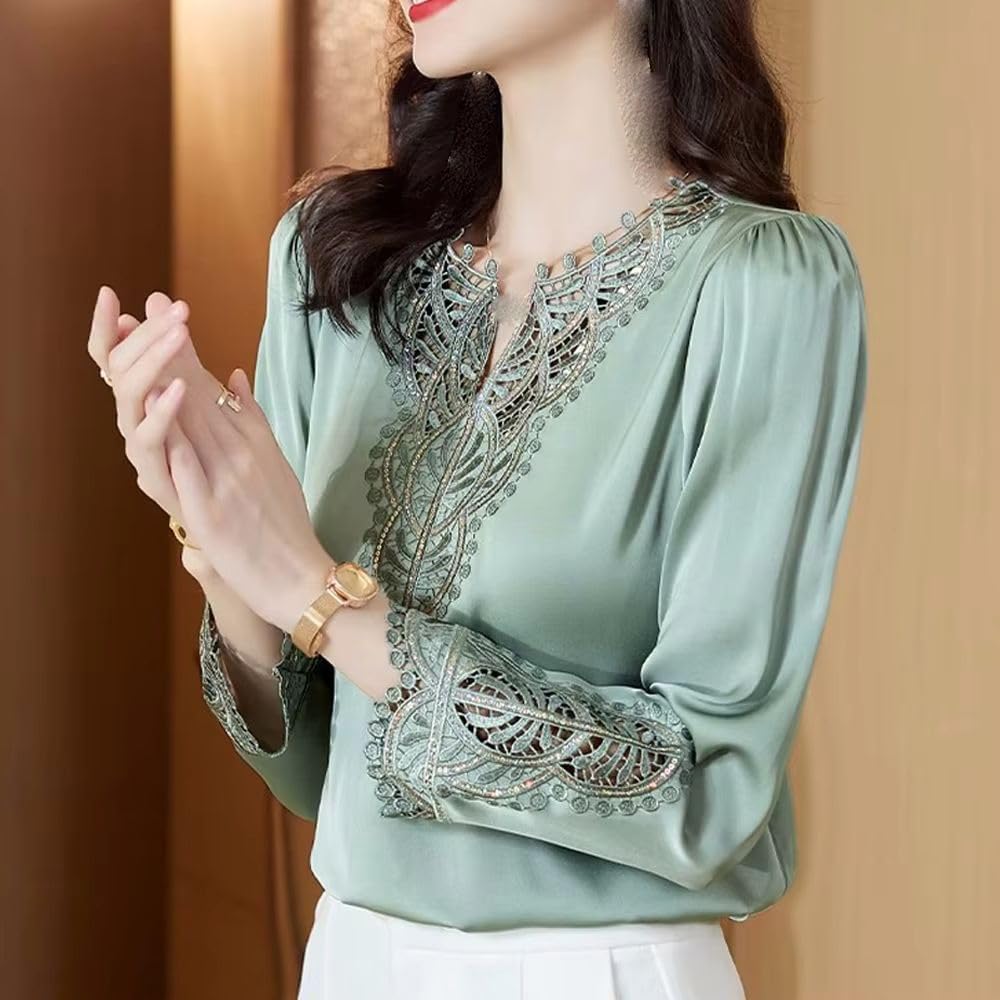 Women's Silk Blouse Spring Autumn Long Sleeve Embroidery Shirt Elegant Office Lady Retro Top