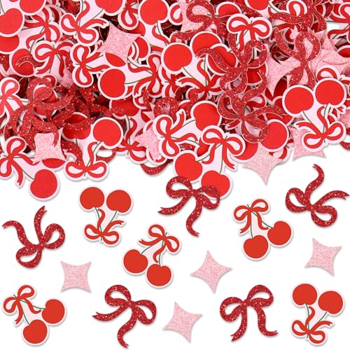 Image of Whaline 300 Pcs Coquette Table Confetti Red Bow Cherry Star Confetti Glitter Table Centerpieces for Birthday Baby Shower Party Decoration