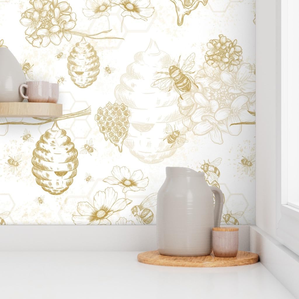 Spoonflower Peel & Stick Wallpaper Swatch - Beehive Honeybee Toile Large Yellow Flowers Mustard Gold Bee Honey Custom Removable Wallpaper