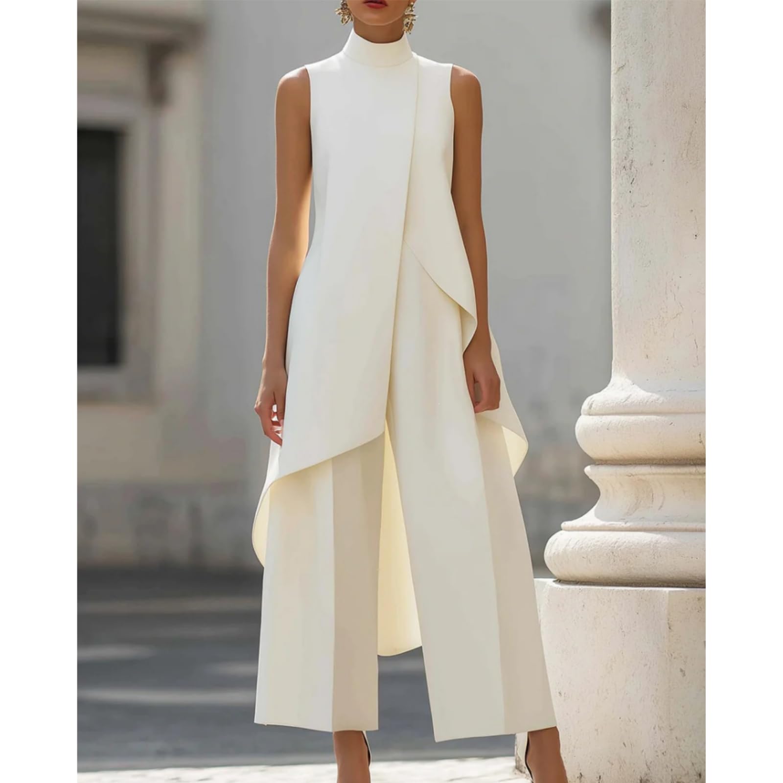 Generico Completo da donna a due pezzi senza maniche, composto da un elegante top asimmetrico a collo alto e pantaloni a gamba larga.
